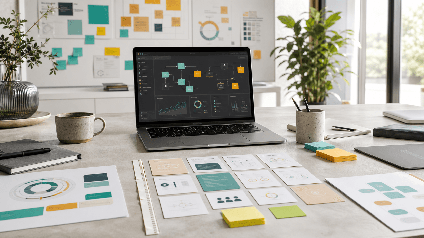 AI workflow workshop table with laptop dashboards and planning materials